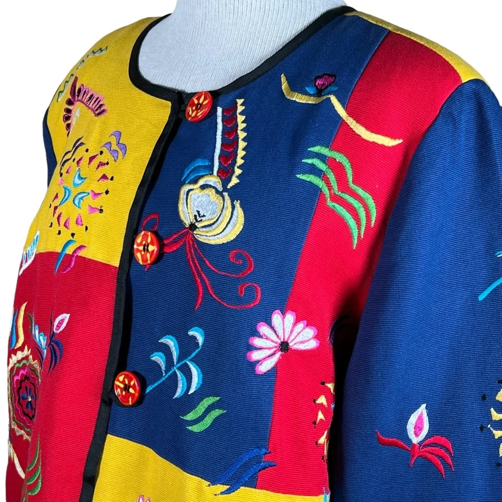 Alex Kim Women’s Cotton Blend Festive Multi-Color Embroidered Jacket PL EUC - Picture 15 of 15